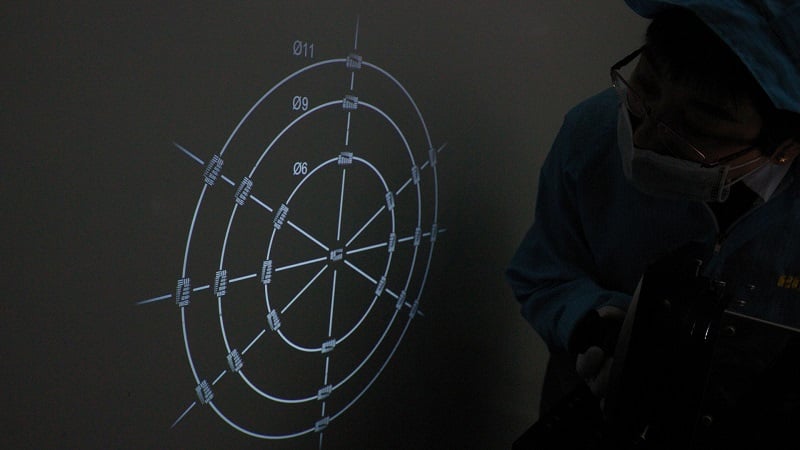 An operator performing a reverse projection test. The circles labeled 11, 9, and 6 correspond to image circles of 2/3”, 1/1.8”, and 1/3” sensors, respectively.