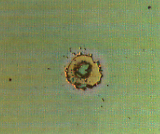 Figure 3: Coating Destroyed from a 73.3 J/cm2 Laser