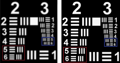 Comparaison de l’Objectif Micro-Vidéo Conjugué Fini (à gauche) et de l’Objectif Compact à Distance Focale Fixe (à droite), groupe de résolution 2, éléments 5 à 6 (encadrés rouges) et groupe 3, éléments 5 à 6 (encadrés bleus) sur une mire de résolution USAF 1951