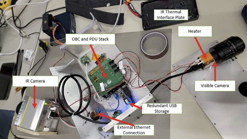 Bench-top view of the assembled components highlighting the visible camera, infrared camera, computer, and supporting subsystems.